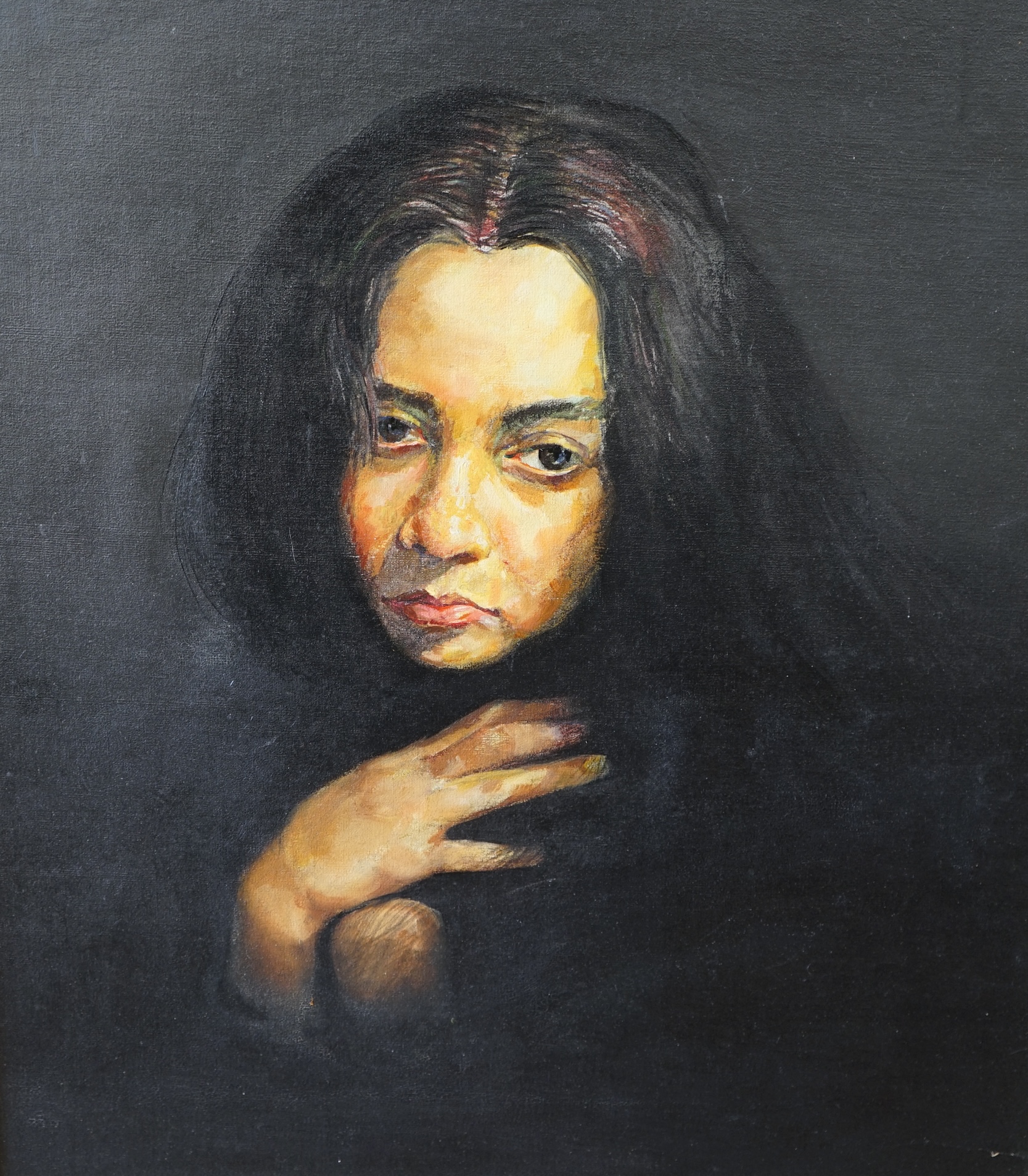Anjan Banerjee, acrylic on board, Portrait of a young woman, inscribed verso, 71 x 56cm. Condition - good